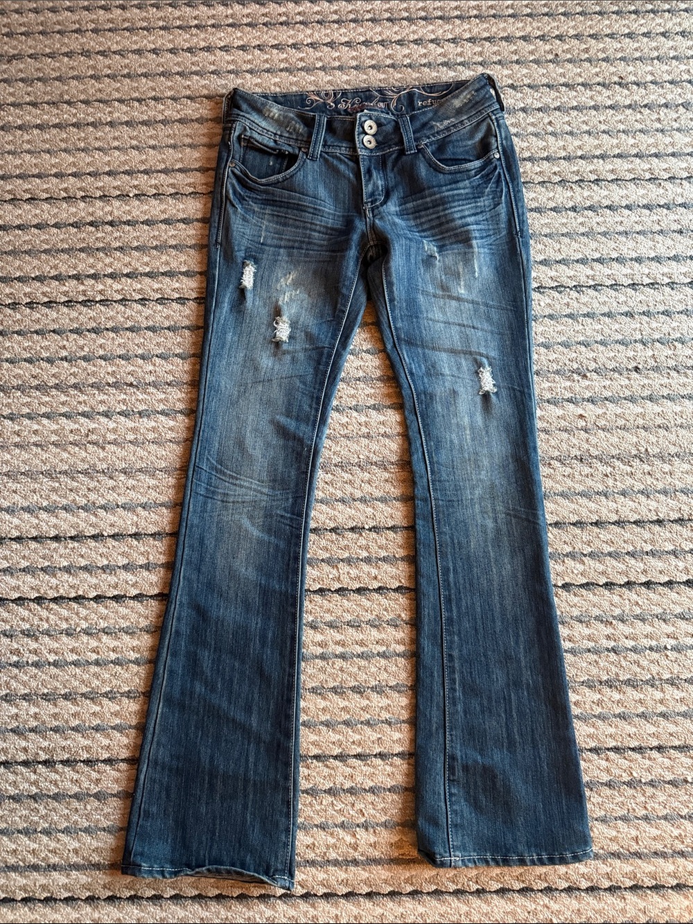 Refuge Distressed Dark Blue Flare Jeans